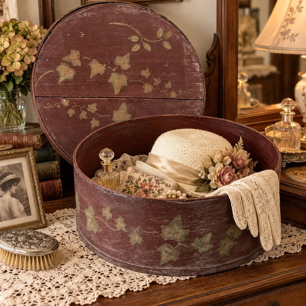 Vintage 1930s Bentwood Hat Box Hand Painted Ivy Leaf Round Storage 15 Inch Wide